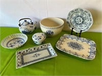 Asian Style Blue & White Tea Pot, Bowl, Plates ++