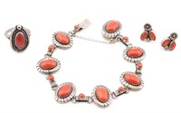 Coral Sterling Silver Ring, Earrings, & Bracelet