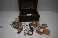 Jewelry Box w/Costume Jewelry & Watches