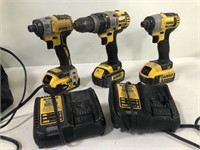 3 DEWALT DRILLS WITH 2 CHARGERS & CARRYING CASE