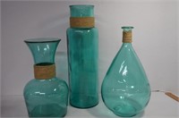 Three Large Aqua Green Glass Bottles / Vases