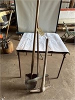 Shovel, rake and pic ax