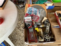 box lot of battery tester, pipe fittings, etc.