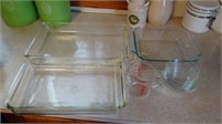 2 Casseoles, glass loaf pan, 1C glass measure &