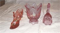Cranberry glass bell, vase & shoe