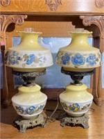 Pair of Blue Floral Electric Parlor Lamps