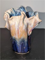 Pottery Vase Rippled Edges Blue & Beige