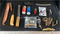 Fishing knife, gun oil, CO2 cartridges, various
