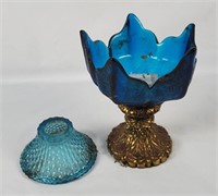 Vtg Blue Art Glass Candle Holder