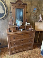 Antique 3-Drawer Wooden Dresser with Mirror
