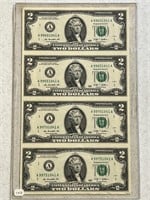 2009 USA Uncut Sheet of 4 $2 Bills in plexi holder
