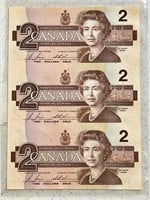 1986 Cdn Uncut Sheet of 3 $2 Bills