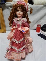 20" Victorian Doll w/ Rose Colored Dress On Stand