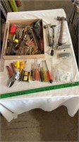 Hand tools, assorted hardware, sewing kit, gs can