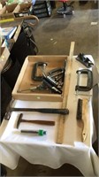 Hammer, c clamps, wood working tool, drill bits