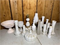 Milk Glass Vases, Bowls & Lamp
