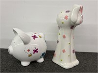 2 Ceramic Coin Banks - Pig and Bunny