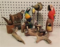 Assorted Wooden Birds and Taxidermy Quail