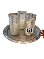 Large Silver Tray W/Vases & Battery Operated