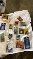 Various light bulbs, ground screws, peg board