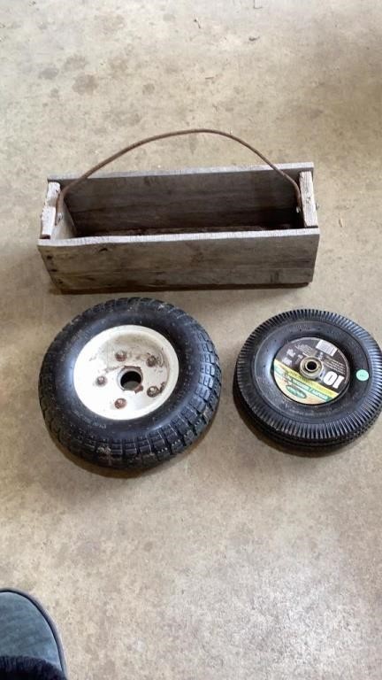 Tires, wood box