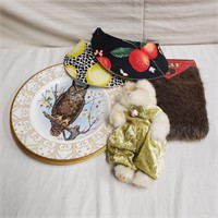 Owl plates, visors, plush bear, faux fur