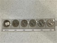 6- Cdn Silver Quarters 1947MC,48,49,50,51,52