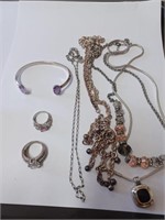 Silvertone Necklaces, Bracelet, Rings Lot- K