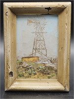 Signed Oil Windmill Scene in Rustic Frame