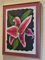 Signed Watercolor of Lily Flower in Gold Frame