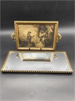 (2) Vanity Trays: 1- Mirrored, 1- Victorian Scene