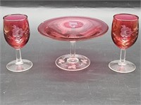 (3) Vintage Cranberry Glass: 2- Stems, 1- Stand