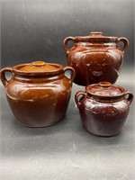 (3) Vintage USA Pottery Brown Bean Pots