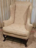 Queen Anne Wingback Armchair w/ Damask Upholstery