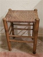 Vintage Rustic Wooden Stool w/ Woven Seat
