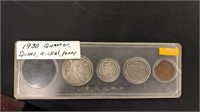 1930 quarter,dime, nickel, penny set