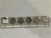 6- Cdn Silver Quarters 1942,43,44,45,46,47