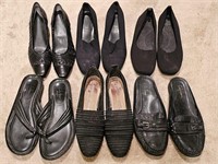 7- Pair Ladies Black Flats, Heels, Sandals- Sz 7.5