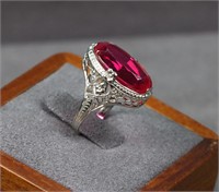 14K White Gold & Ruby Filigree Ring