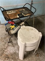 2 plant stand and metal cart with contents