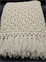 Hand Crocheted Ivory Colored Afghan w/ Tassles