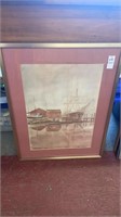 Vintage - framed artwork - boat scene - 19 x 24