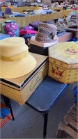 2 vintage hats with hat boxes and empty hat box