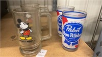 Glassware - 2 Mickey Mouse mugs & 2 Pabst Blue