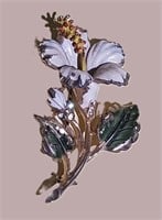 RARE 1940s SIGNED CORO ENAMEL HIBISCUS GOLD BROOCH