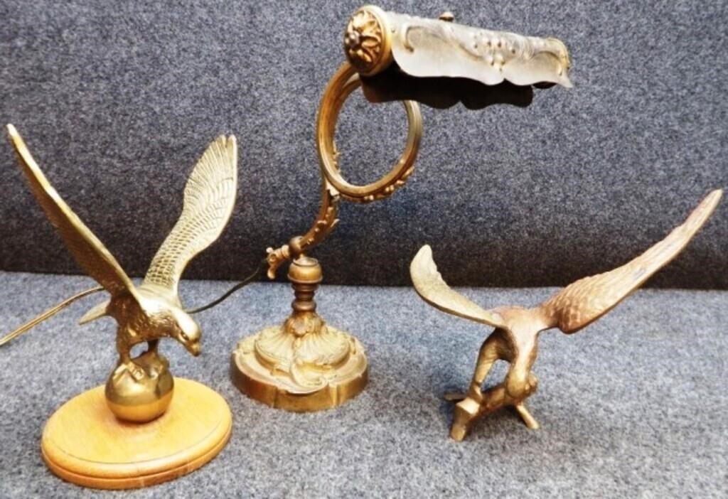 Ornate Brass Desk Lamp & (2) Brass Eagle Statues