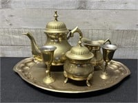 Vintage Brass Tea Set Including Tray, Tea Pot, Cre