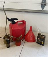 Gas and oil cans , funnel, cutting oil