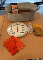 Metal gardening tub gloves , thermometer
