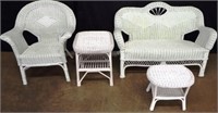 White Wicker Loveseat, Chair & (2) Side Tables